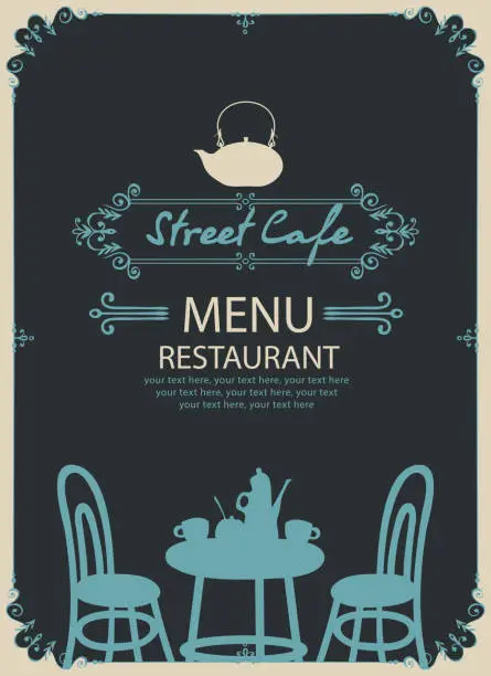 Vector illustration of template street cafe menu with table for two