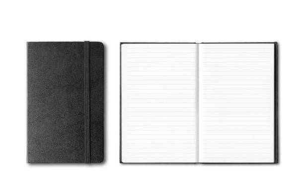 cadernos fechados e abertos pretos isolados no branco - book black isolated on white note pad - fotografias e filmes do acervo