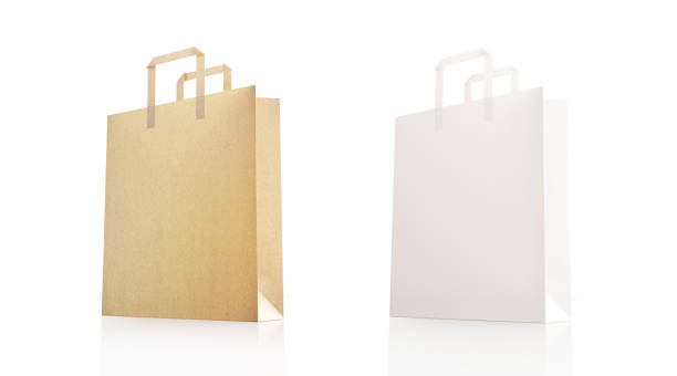 sac réutilisable concept papier shopping sacs d’isolement sur fond blanc - blank paper bag packaging package photos et images de collection