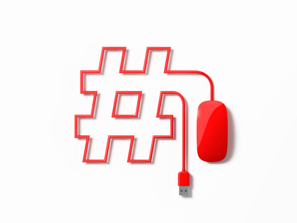 rote maus bildet ein hashtag symbol auf weißem hintergrund - input device usb cable sharing symbol stock-fotos und bilder