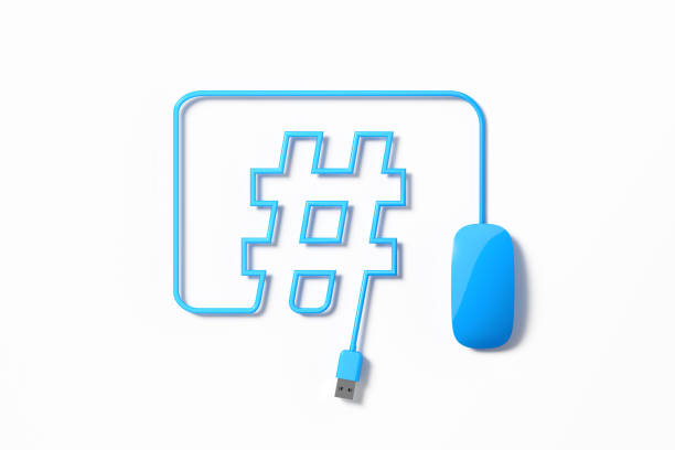 blue mouse cable forming a hashtag symbol on white background - input device usb cable sharing symbol imagens e fotografias de stock