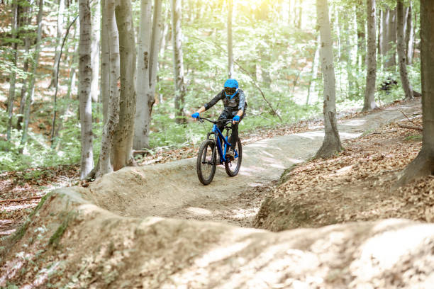 istock Cyclist riding on the forest track 1155873261
