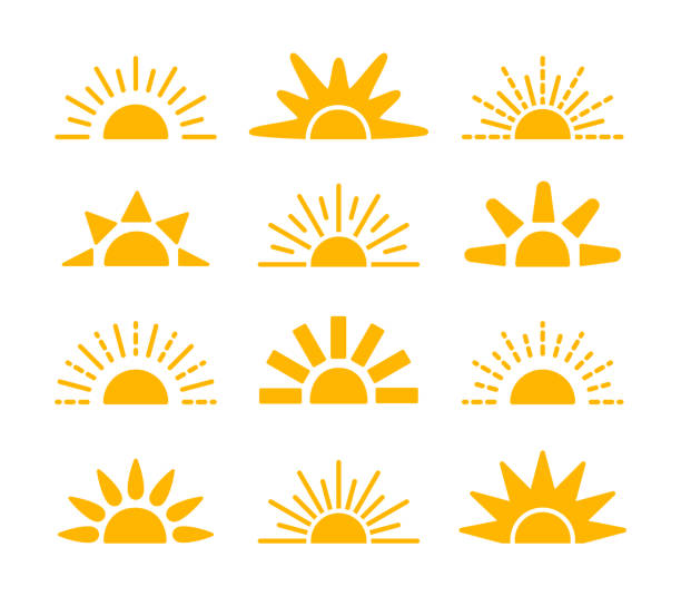 kolekcja symboli wschodu i zachodu słońca. ikony wektora płaskiego horizon. znaki porannego światła słonecznego. obiekt izolowany. ż�ółte słońce wschonie nad horyzontem. - horizon stock illustrations