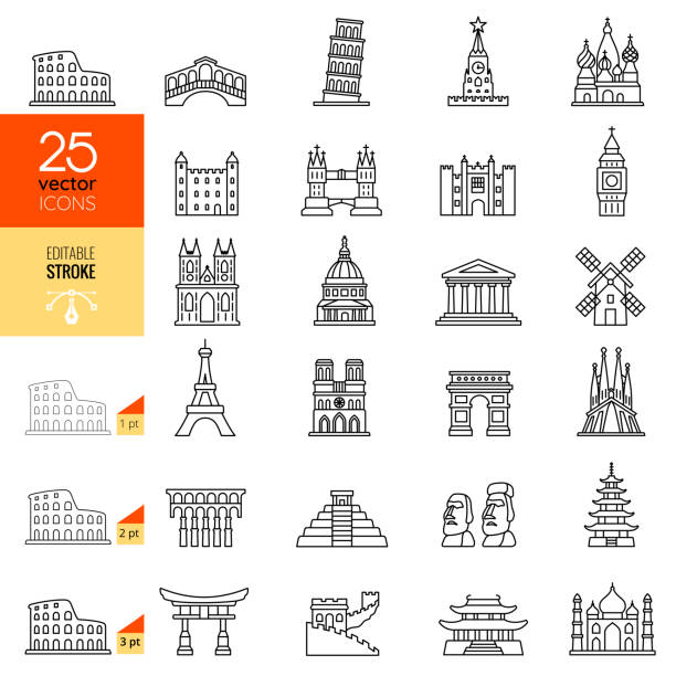 ilustrações de stock, clip art, desenhos animados e ícones de travel landmark line icon set. editable stroke. - paris france arc de triomphe france french culture