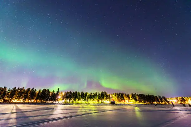 Northern lights over Jokkmokk and the Lake Talvatis, in the heart of Swedish Lapland within the Arctic Circle
The Norrbotten Province is home of the Sami People.
Tracks on the frozen lake.