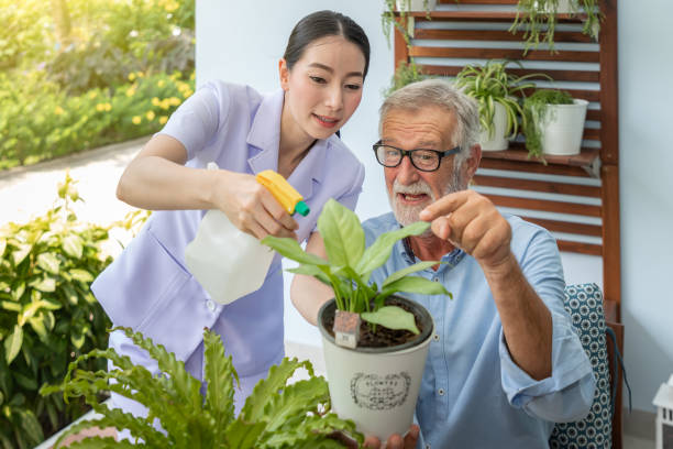 istock Caregiver help assist senior old man eldery puring water and taking care small tree on table 1155876393