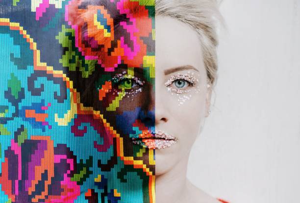 Portrait of a young woman with glitch style and RGB split-color effect