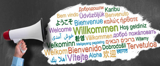 istock megaphone or bullhorn against blackboard with word WELCOME in different languages 1155882175