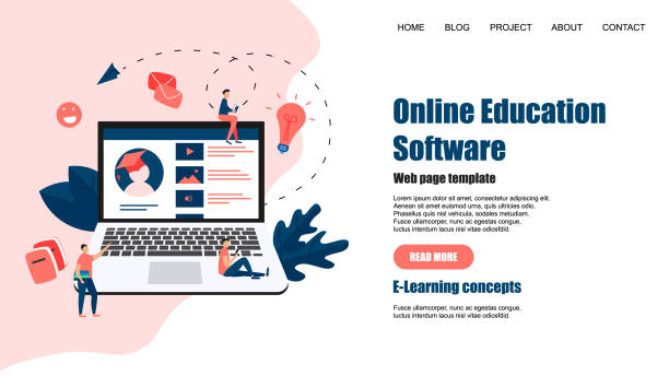 illustrations, cliparts, dessins animés et icônes de modèle de page web. application d'éducation en ligne. concept d'apprentissage en ligne - professeur(e)