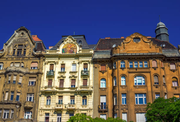 Budapest/Hungary- May 8, 2018: view of beautiful old architecture – colorful ornate historic buildings over blue sky on a sunny day.