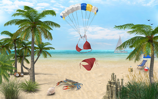 Travel and vacation concept, 3D tropical mise-en-scene and parachute and bikini object with palm trees, crab, limpet, sun bed, deck chair, sun umbrella, sailing boat, air balloon, sand, beach and sand castle objects.