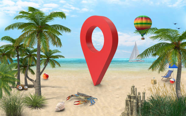 istock Travel and vacation concept, 3D tropical scene with 3D navigation point mark objects. 1155890681