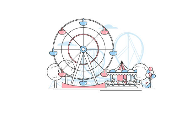 Luna park vector illustration Luna park vector illustration. Amusement park with attractions like ferris wheel, balloons, merry-go-round carousel and roller-coaster. Line art coloured in red and blue. Isolated on white background. ferris wheel stock illustrations