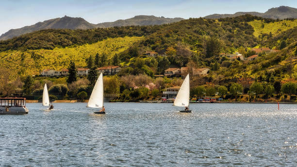 View of sailboats in Westlake Village lake in southern California. stock photo