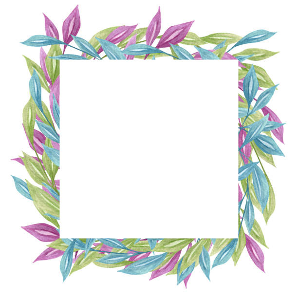 istock Square tropical frame in watercolor style. Bright color tropical frame with blue, green, purple leaves. 1155898159