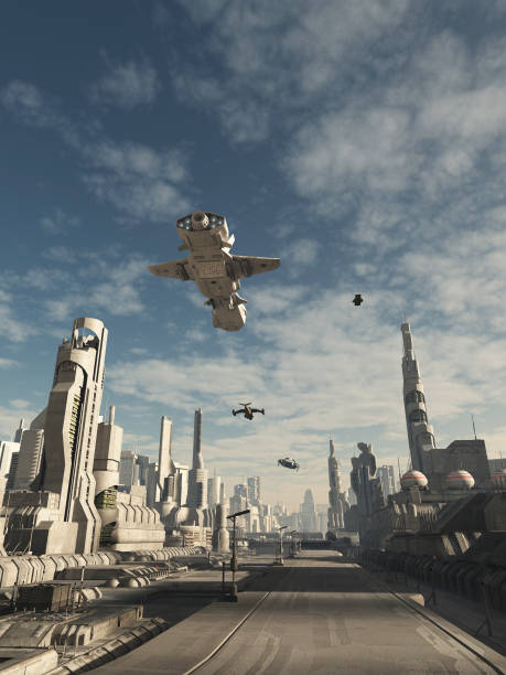 istock Future City - Spaceship Traffic Above the Streets 1155899033