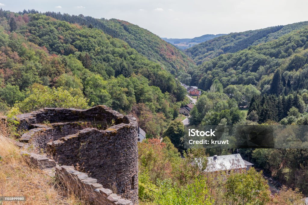 Medieval ruin of Brandenbourg castle at hill in Luxembourg Ardennes Medieval ruin of Brandenbourg castle at hill in Luxembourg Ardennes 70 meter above village of Brandenbourg Ardennes Forest Stock Photo