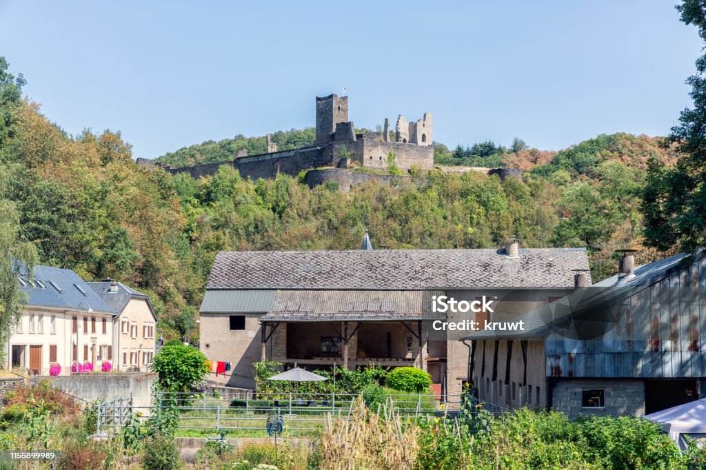 Medieval ruin of Brandenbourg castle at hill in Luxembourg Ardennes Medieval ruin of Brandenbourg castle at hill in Luxembourg Ardennes 70 meter above village of Brandenbourg Ancient Stock Photo