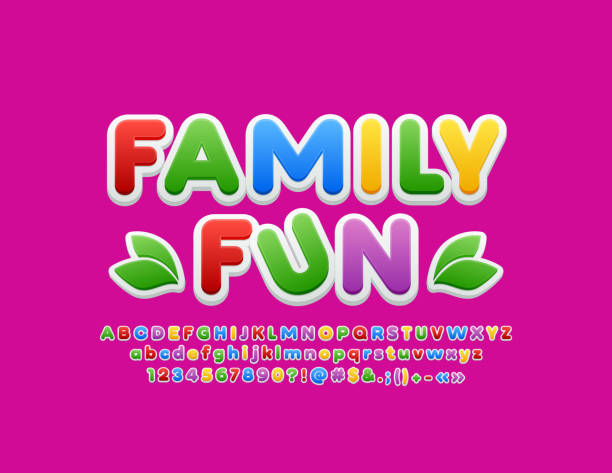 Vector colorful trendy sign Family Fun with bright Alphabet Letters, Numbers and Symbols Bright Children Font family fun stock illustrations