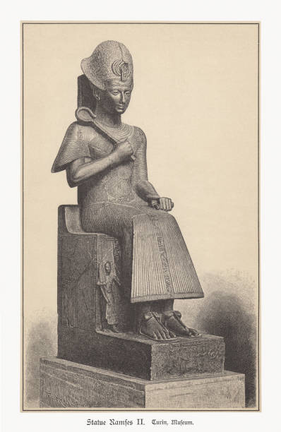 Ramesses II, Egyptian Museum, Torino, Italy, wood engraving, published 1879 Pharaoh Ramesses II (ca. 1303 - 1213 BC). Wood engraving after the ancient statue in the Egyptian Museum, Torino, Italy, published in 1879. rameses ii stock illustrations
