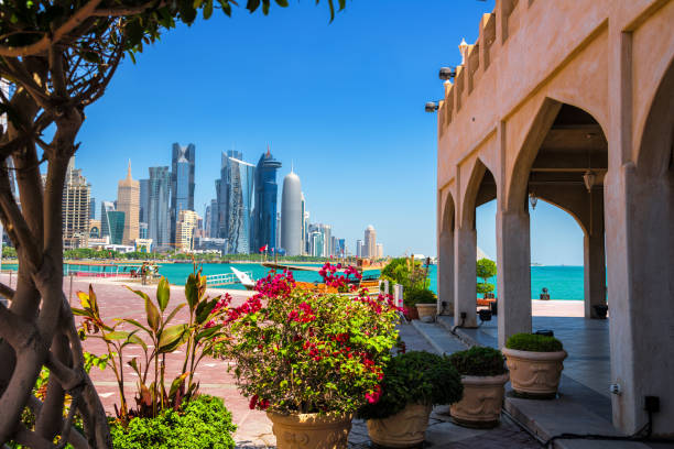 March 3, 2019 - View to the modern Doha skyline from the waterfront. Here is a small pavilion in which at times a restaurant serves guests. On the shore are dhows