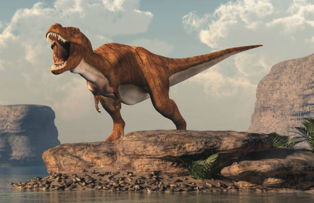 istock Roaring Tyrannosaurus Rex by an Arid Lake 1155905728