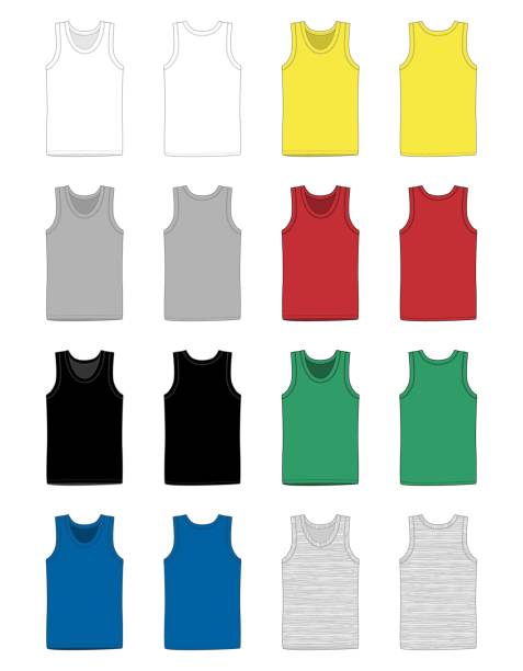 Set of men vest underwear. Tank top in front and back views. Set of men vest underwear. Tank top in front and back views. Isolated sleeveless male sport shirts or men top apparel. Blank templates of t-shirt. Casual style. white t shirt silhouette stock illustrations