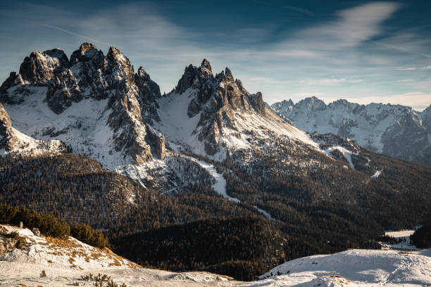 istock view on scenic snowy mountain range landscape in sunlight, view from monte piana in dolomites, italy 1155906734