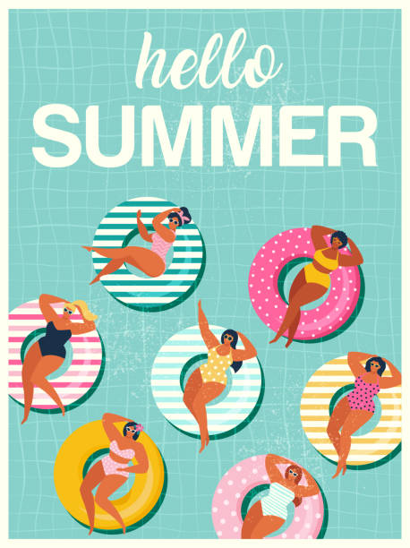 istock Hello Summer banner with gils on inflatable swim ring in swimming pool floats background. 1155907293