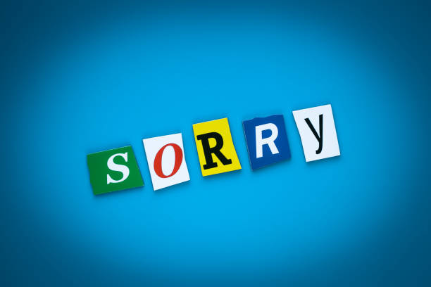 istock Inscription, text - sorry on blue background from colored letters. Forgiveness concept. Headline, card, banner. Caption, heading. Message - sorry, single word. 1155908266