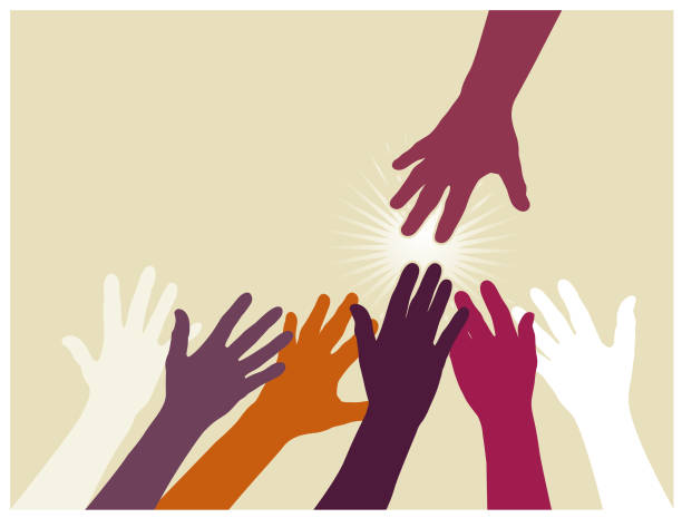 Helping hand illustration A hand reaches down to six other hands reaching up. altruism stock illustrations