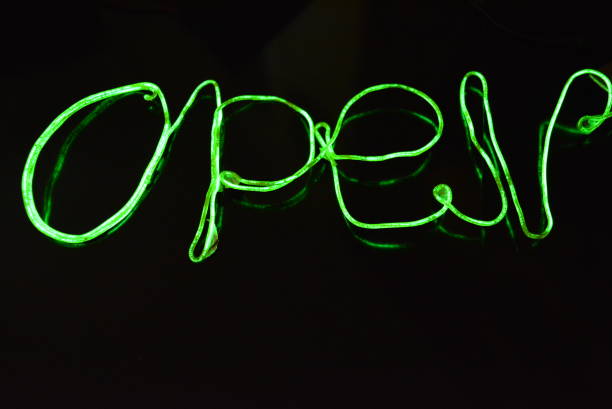 istock Lime green lighting with a specific pattern. Woven filaments, cable, wires with outgoing light. Neon electroluminescent wire with an inscription and letters open. 1155913361
