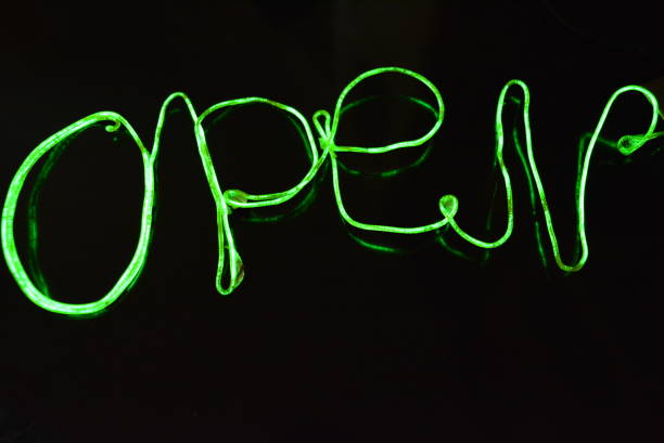 istock Lime green lighting with a specific pattern. Woven filaments, cable, wires with outgoing light. Neon electroluminescent wire with an inscription and letters open. 1155913374