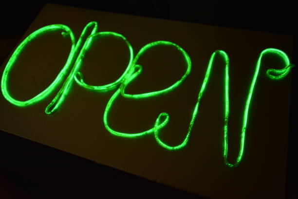 istock Lime green lighting with a specific pattern. Woven filaments, cable, wires with outgoing light. Neon electroluminescent wire with an inscription and letters open. 1155913420