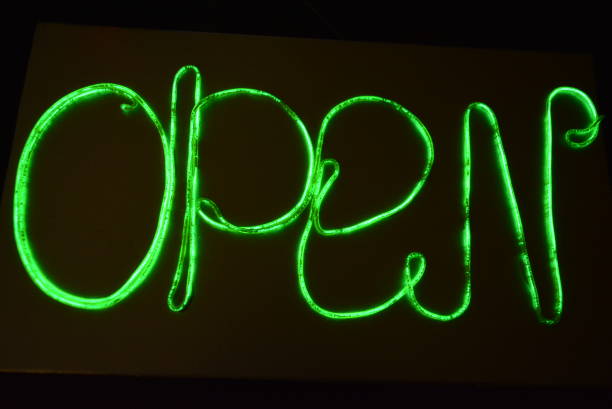 istock Lime green lighting with a specific pattern. Woven filaments, cable, wires with outgoing light. Neon electroluminescent wire with an inscription and letters open. 1155913424