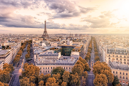 Paris city with Eiffel Tower viewed from the Arc De Triomphe