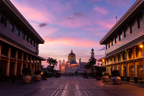 The famous Omar Ali Saifuddien Mosque in Brunei. This is a national landmark in the tiny nation of Brunei.