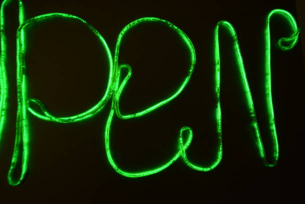 istock Lime green lighting with a specific pattern. Woven filaments, cable, wires with outgoing light. Neon electroluminescent wire with an inscription and letters open. 1155913852