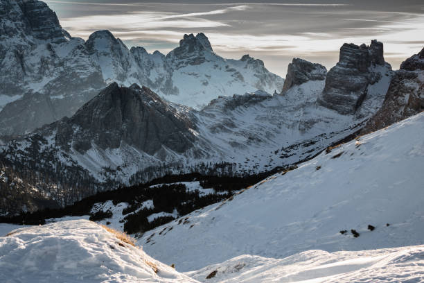 istock view on scenic snowy mountain range landscape in sunlight, view from monte piana in dolomites, italy 1155914481