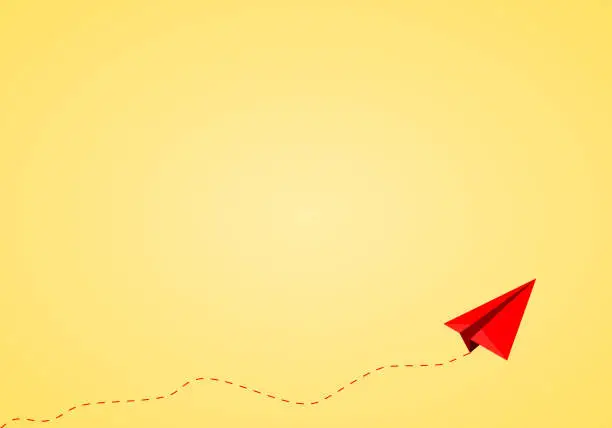 Vector illustration of Red paper plane flying with dotted line route on yellow background. Travel or business concept.
