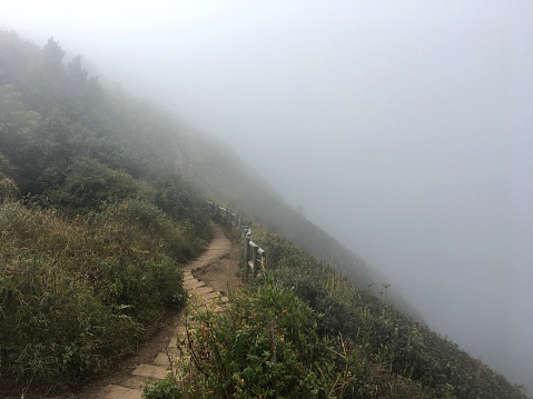Thick mist storm pass walk way on the mountain in winter season.