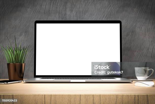 Computer Blank Frame Laptop Computer Blank Screen Frame Less On Table In Office Interior ...