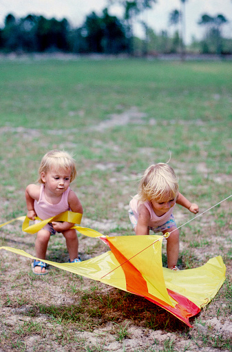 A vertical image with space for copy.  Two twin toddlers are playing with a yellow and red kite outside in a park. The sun is shining and the toddlers are engaged in lifting the kite.