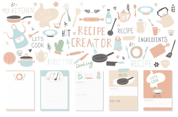 stockillustraties, clipart, cartoons en iconen met moderne recept card template set voor kookboek. menu creator vector illustratie - thuisbereiding