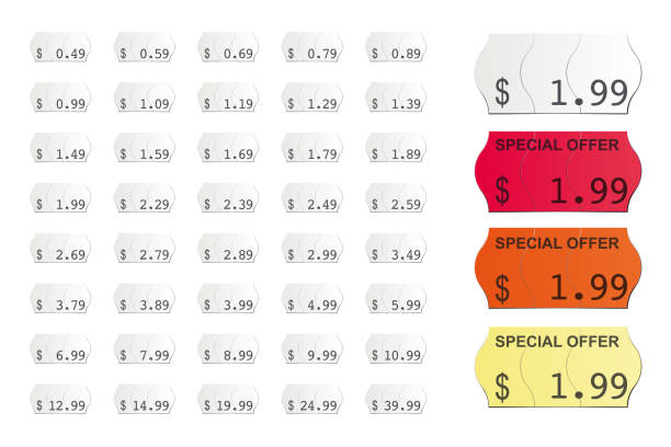 ilustraciones, imágenes clip art, dibujos animados e iconos de stock de etiquetas de precios vectoriales americanos adhesivos aislados sobre fondo blanco - etiqueta de precio