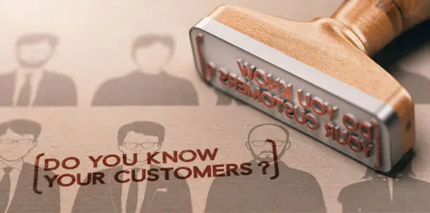 3D illustration of a rubber stamp with the phrase do you know your customers ? KYC or CDD Customer Due diligence Concept.