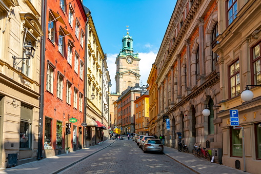 Nicholas church tower and narrow streets of old town (Gamla Stan), Stockholm, Sweden