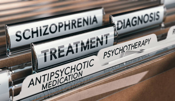 Mental health conditions, schizophrenia diagnosis and treatment with antipsychotic medication and psychotherapy. 3D illustration of files with schizophrenia diagnosis and treatment with antipsychotic medication and psychotherapy. Mental health conditions concept. schizophrenia photos stock pictures, royalty-free photos & images