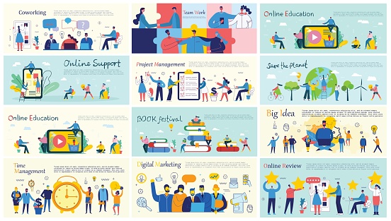 Vector illustrations of the office concept business people in the flat style. Save the planet, online education, project management, book festival, digital marketing and mobile business concept