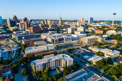 aerial drone view above San Antonio Texas Evening Sunshine on the Downtown Cityscape Skyline Summer June 2019